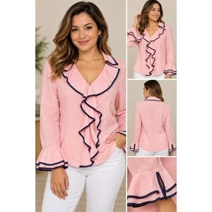 Tally Taylor Pink Linen Ruffle Front Blouse Navy Trim Bell Sleeve Size 16